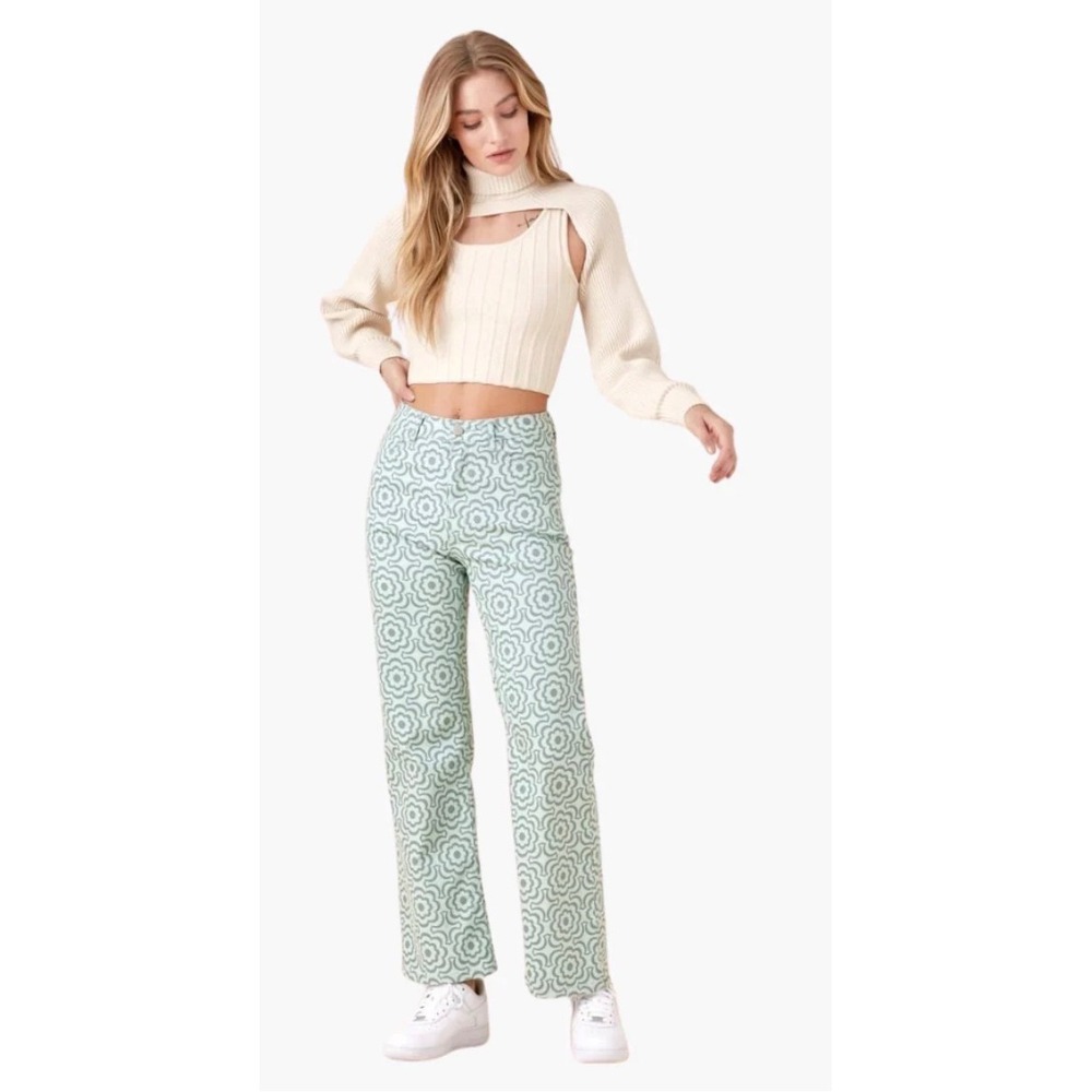 BaeVely‎ Mint Green Floral Geometric Straight Leg Pants BP6412 NWT Size L